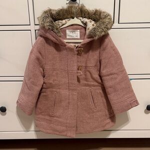 Zara Pink Hooded Coat with Faux Fur Trim 3-4 years